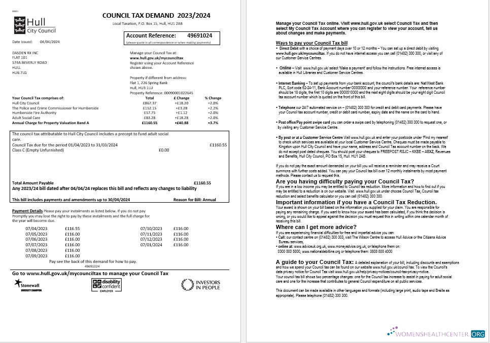 United Kingdom Hull City Council business utility bill template in Word and PDF formats, 2 pages